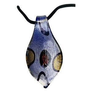 Vintage Murano style Metallic Silver Royal Blue Art Glass Pendant Black Necklace